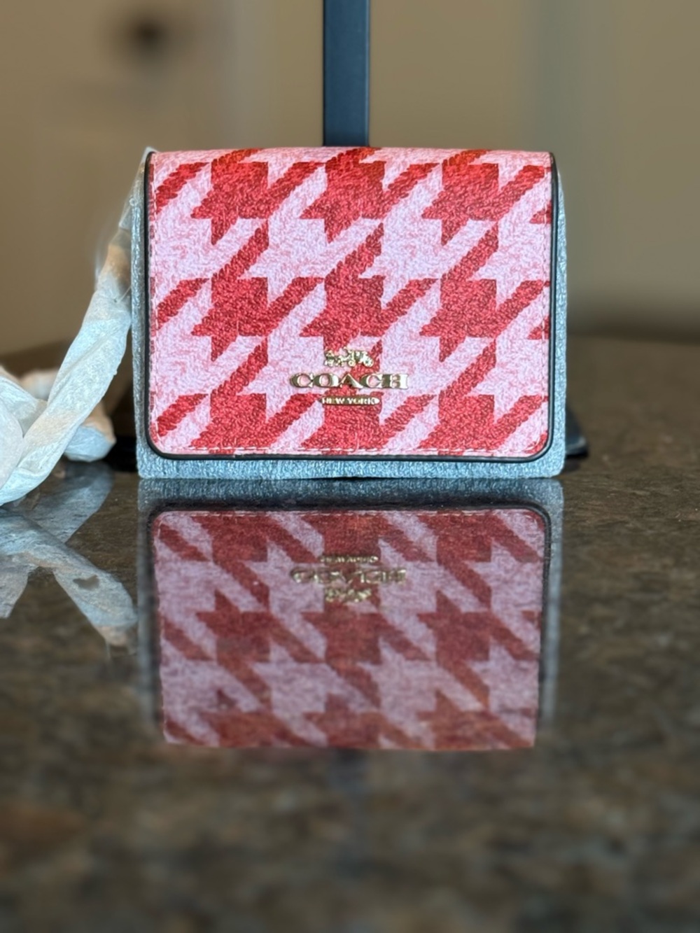 Coach Pink and Red Houndstooth Crossbody Wallet on Chain with Gold Logo